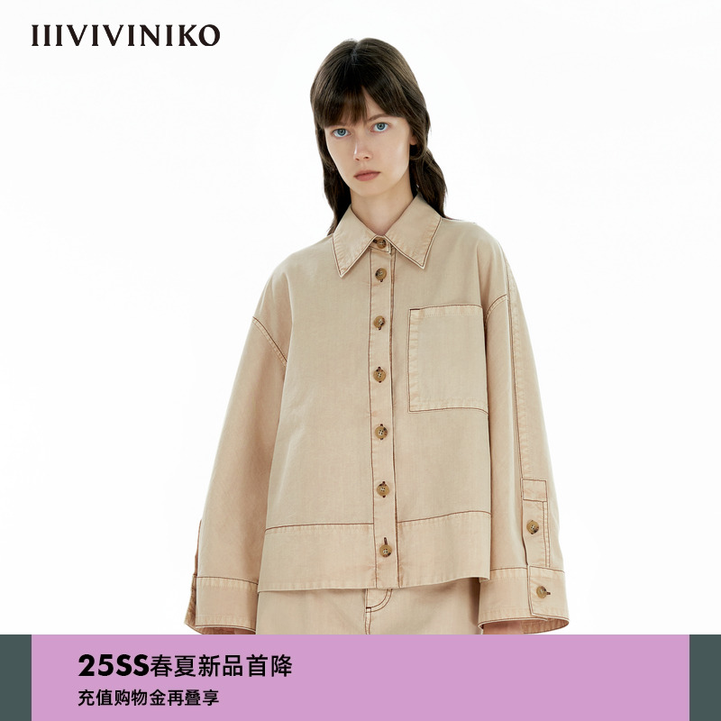 IIIVIVINIKO2025春新款复古斜纹棉廓形衬衫夹克女B510437219B