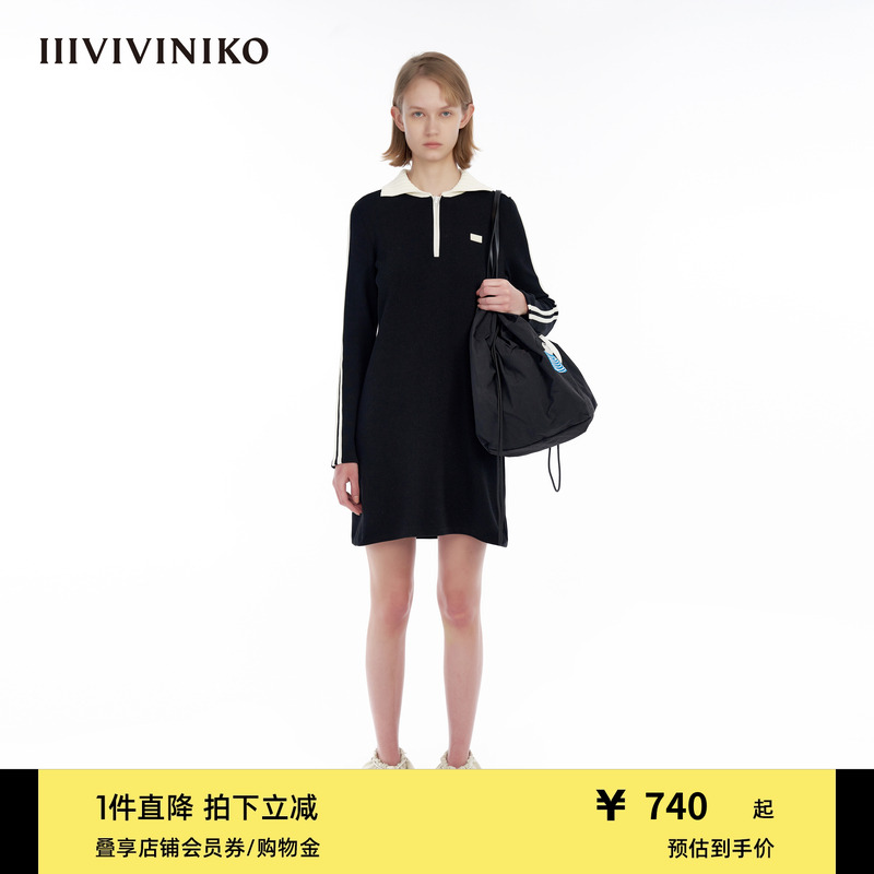 IIIVIVINIKO“日本高品质细支纱线”翻领针织连衣裙女M331122641B