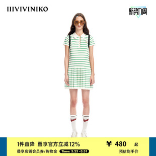 天然粘胶 IIIVIVINIKO 清新polo领条纹连衣裙女 王一楠同款