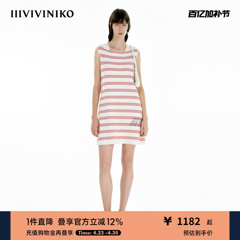 【OTW精纺纯羊毛】IIIVIVINIKO2025春新款三线条条纹针织连衣裙
