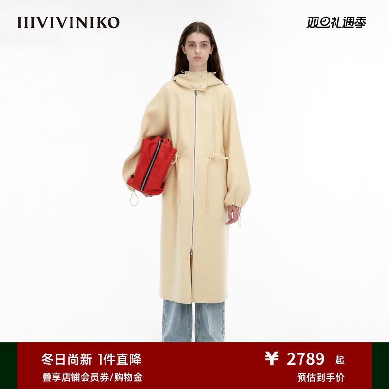 IIIVIVINIKO双面呢廓形连帽大衣