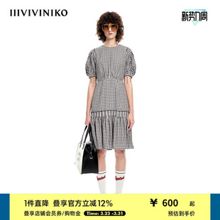 收腰连衣裙女M310613140B 格纹短袖 IIIVIVINIKO春夏新品 复古泡泡袖
