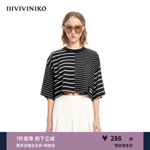 IIIVIVINIKO 廓形拼接条纹T恤女M320536355C 72支印度长绒棉