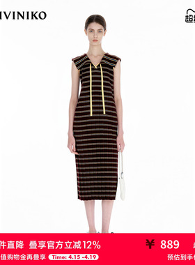 IIIVIVINIKO2025夏新款大翻领渐变条纹针织连衣裙女R521105627D