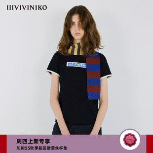 休闲时尚 IIIVIVINIKO2025秋新款 复古胶标正肩T恤女M530502335A