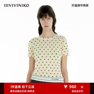 IIIVIVINIKO2025夏新款 女M520140661D 复古时髦褶皱波点圆领短袖