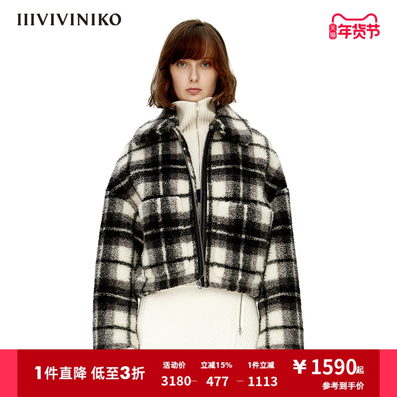 IIIVIVINIKO设计师品牌秋冬新品黑白格毛呢大衣外套女M249019346D