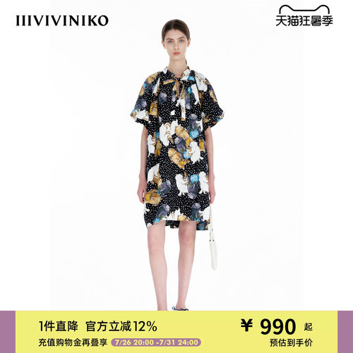 IIIVIVINIKO夏季新款猫咪印花复古时髦系带连衣裙女R520609188D