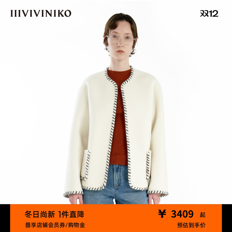 【羊驼毛羊毛】IIIVIVINIKO冬新款保暖围巾呢大衣外套B449031175D