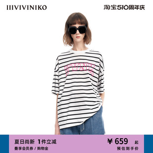 简约宽松刺绣落肩条纹廓形T恤女M320548355C IIIVIVINIKO夏季 新品