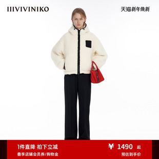 IIIVIVINIKO时髦落肩连帽双面穿箱型毛呢大衣外套女M340312390D