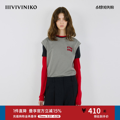 IIIVIVINIKO2025秋新款微宽植绒字母装饰T恤背心女M533204335B
