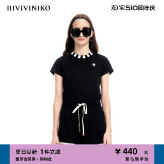 IIIVIVINIKO夏季新品经典⿊⽩间⾊螺纹领短袖T恤女M320535303E