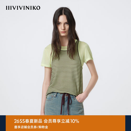IIIVIVINIKO2026夏季新款修身假两件条纹针织短袖女M620142634D