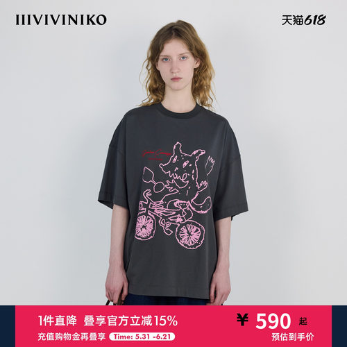 IIIVIVINIKO2025秋新款廓形植绒狐狸印花落肩T恤女M530501312A