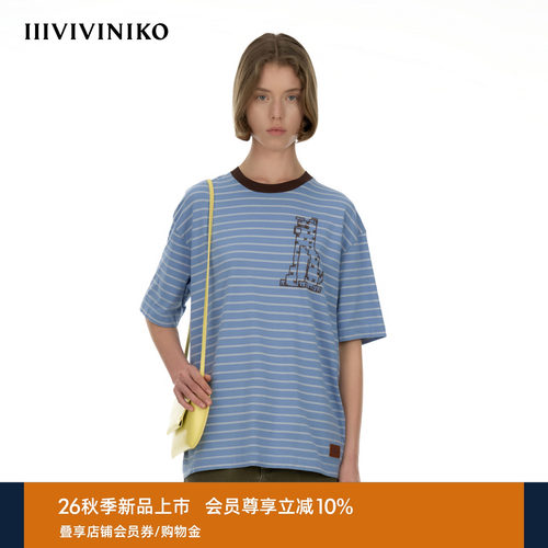 IIIVIVINIKO2026秋季新款休闲落肩撞色条纹短袖T恤女M630580383A