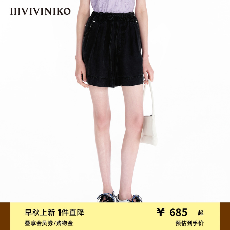 IIIVIVINIKO2025夏新款复古抽绳直筒牛仔短裤子女R521801201D