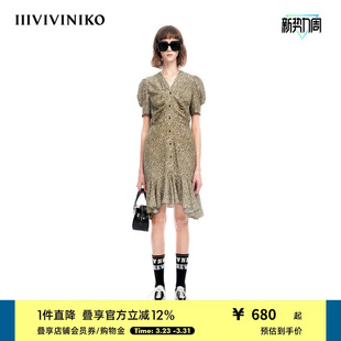 小碎花连衣裙女M320612138E 复古飘逸V领修身 IIIVIVINIKO夏季 新品