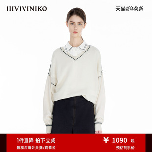 淡人休闲V领针织套头衫 IIIVIVINIKO2025春新款 女 羊毛羊绒混纺