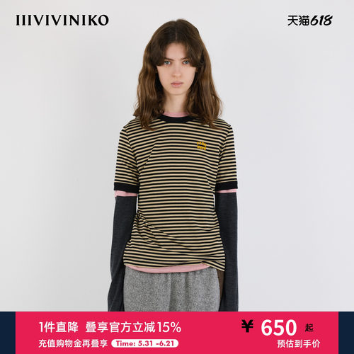 IIIVIVINIKO2025秋新款植绒印花圆领条纹正肩T恤女M530513338A