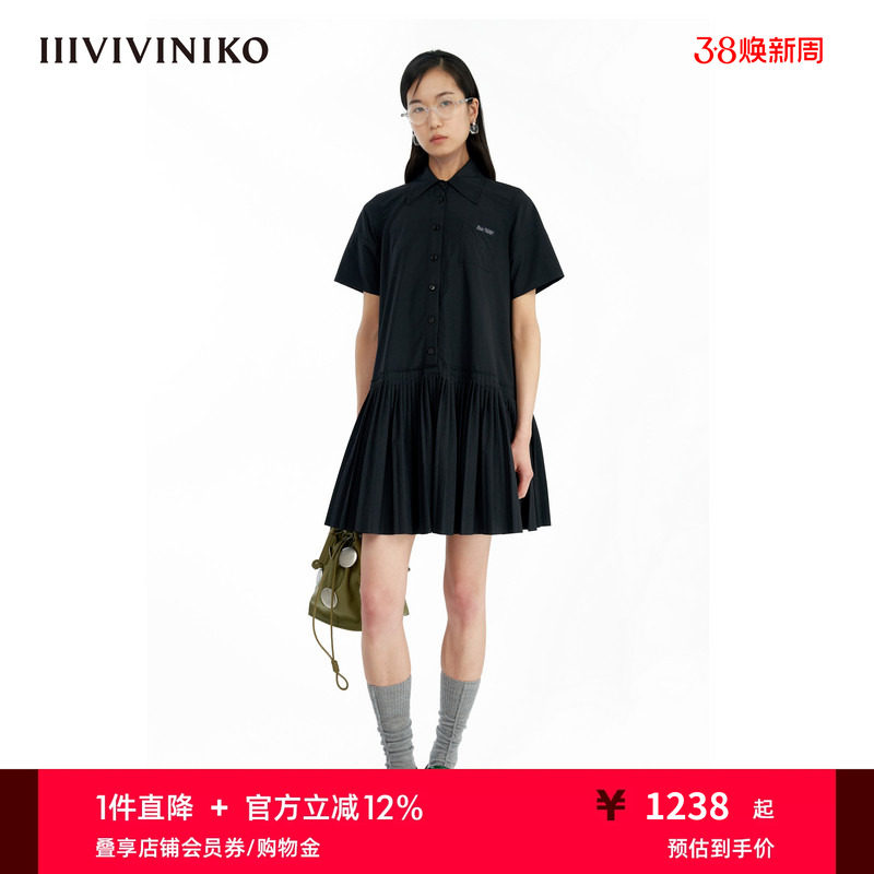 【细密压褶工艺】IIIVIVINIKO秋新款学院风衬衫领A字连衣裙女