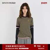 IIIVIVINIKO2025秋新款 植绒印花圆领条纹正肩T恤女M530513338A