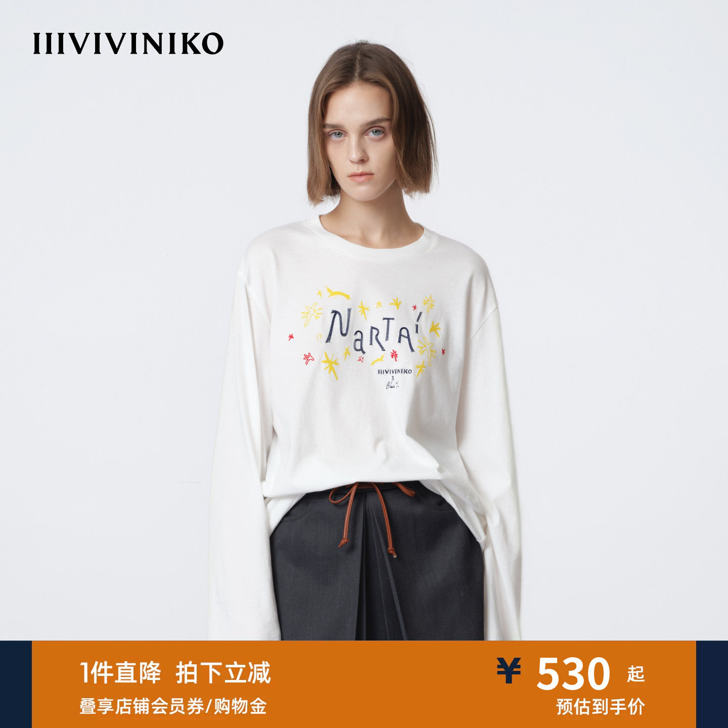 IIIVIVINIKO2026春新款全棉艺术家合作植绒印花T恤女M610501370A图片