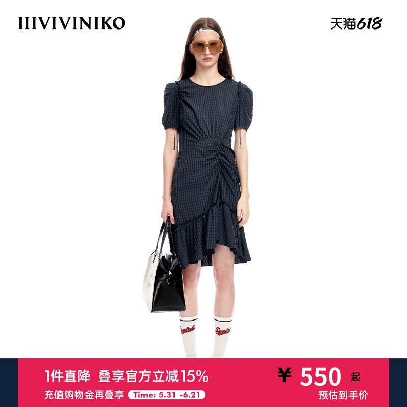 IIIVIVINIKO春夏新品优雅泡泡袖格纹抽褶鱼尾连衣裙女M310605140B