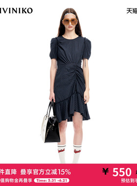 IIIVIVINIKO春夏新品优雅泡泡袖格纹抽褶鱼尾连衣裙女M310605140B
