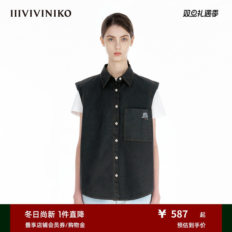 【设计师款】IIIVIVINIKO2025夏季新款猫咪印花无袖直身衬衫女