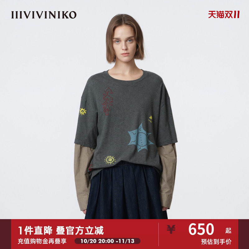 IIIVIVINIKO2026春新款落肩植绒印花刺绣长袖T恤女M610502370A