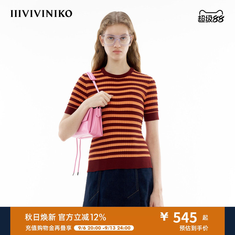 【丝光棉】IIIVIVINIKO春季新款细条纹针织短袖T恤女C410129610B