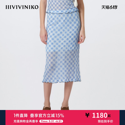 IIIVIVINIKO2026夏季新款松弛感褶皱格纹直筒裙女M627031654E
