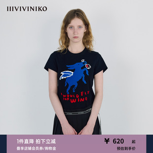 时髦趣味植绒印花正肩T恤女M530526335A IIIVIVINIKO2025秋新款