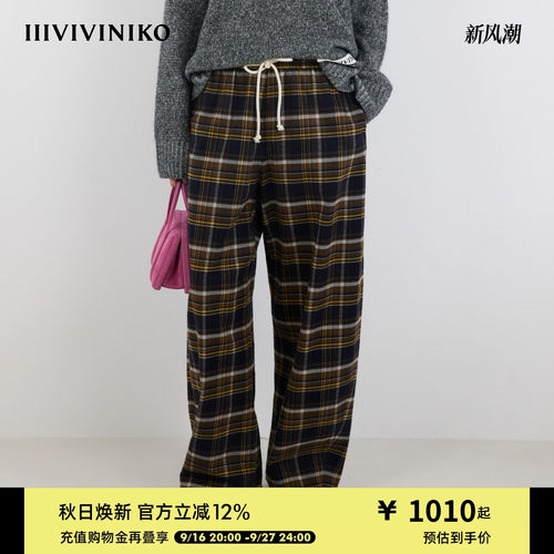 IIIVIVINIKO冬新款复古学院风格纹抽绳长裤子女M540832194D