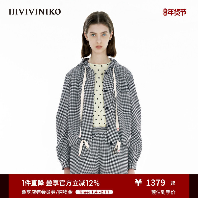 IIIVIVINIKO2025夏新款户外穿搭连帽格纹轻量感外套女C520310114C,女装/女士精品,短外套,淘宝优惠券,粉丝福利购,淘宝优惠卷