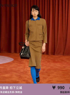 【晏云璟同款】IIIVIVINIKO秋新款复古直身开叉仿麂皮半身裙女