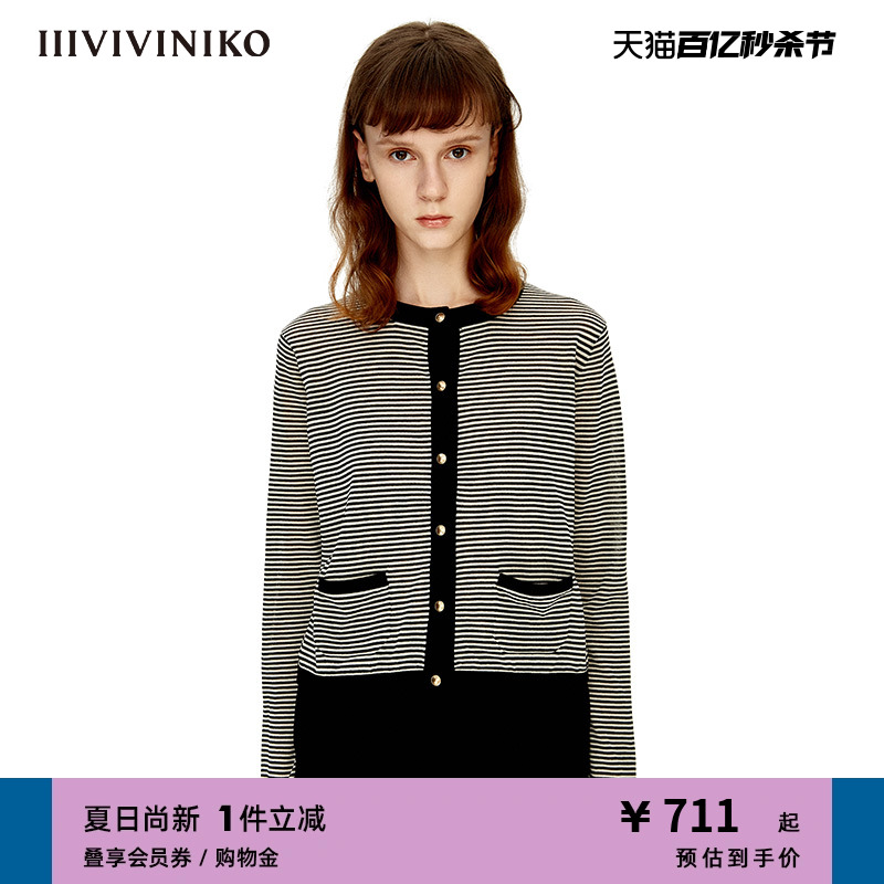 IIIVIVINIKO秋冬新品圆领细条纹短款针织衫女M230205651A 女装/女士精品 毛针织衫 原图主图