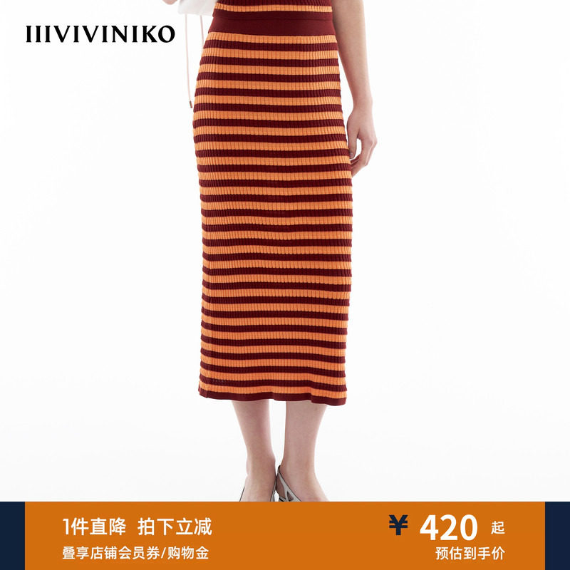【丝光棉】IIIVIVINIKO春季新款多巴胺条纹微A型针织半身长裙女