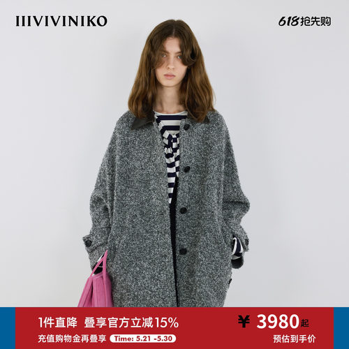 IIIVIVINIKO2025冬新款复古时髦皮领夹克羊毛呢大衣女M549025147D