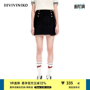 IIIVIVINIKO春夏新品 复古粗花呢小A百褶半身短裙女M310705124A