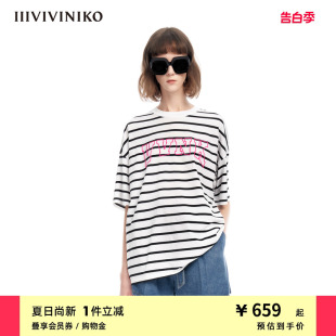 新品 IIIVIVINIKO夏季 简约宽松刺绣落肩条纹廓形T恤女M320548355C