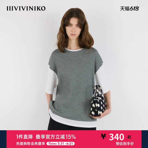 IIIVIVINIKO夏季新款简约宽松H型圆领拼色T恤女M520580378D