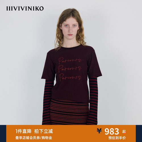 IIIVIVINIKO秋季新款休闲廓形假两件圆领印花长袖女R530117607B