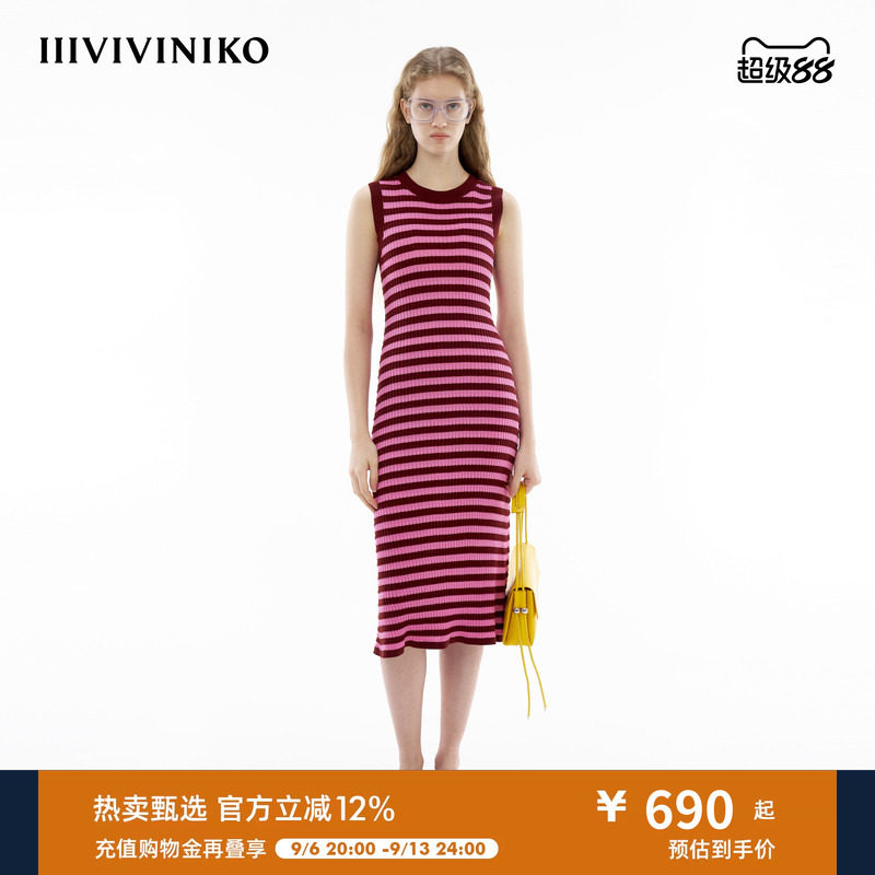 【丝光棉】IIIVIVINIKO夏季新款修身条纹波浪感针织连衣裙女图片