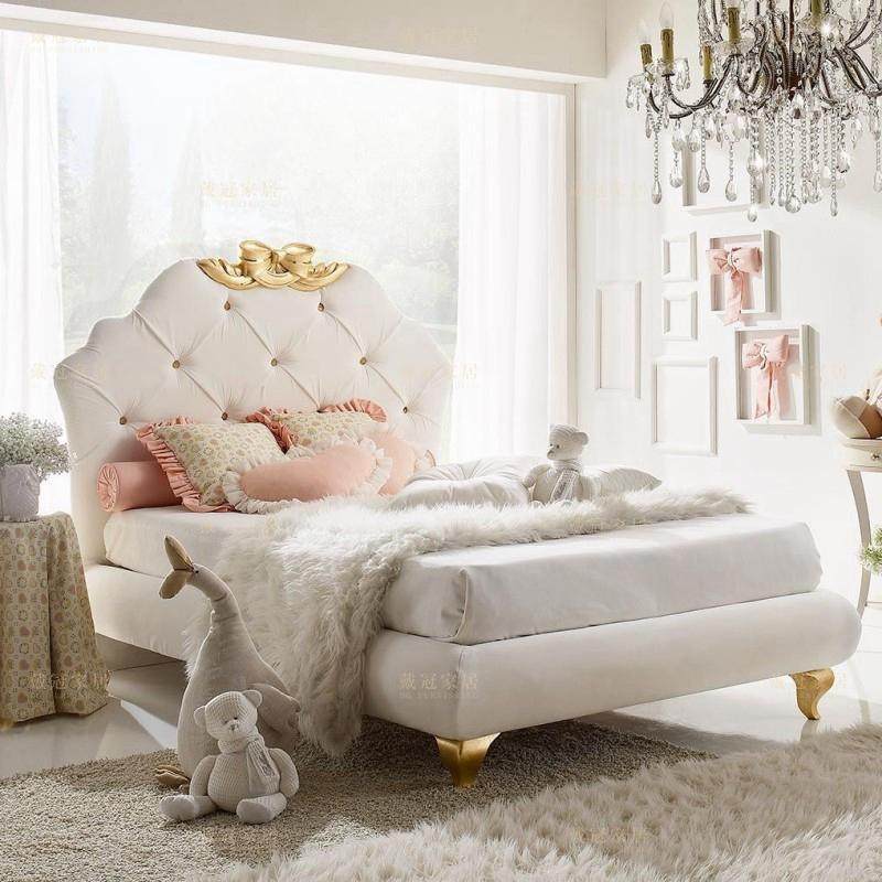 法式奶油风公主床 儿童床女孩床布艺拉扣欧式蝴蝶结女童床单人床