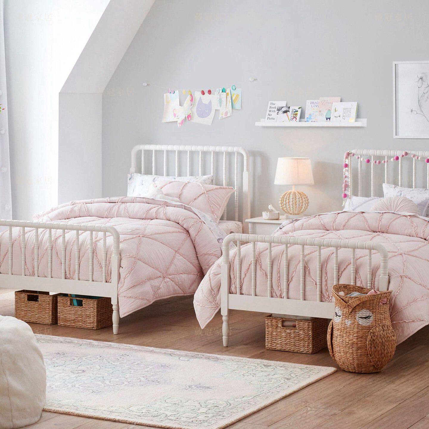 美式乡村奶油风儿童床女孩公主床简约实木单人床小户型双胞胎床