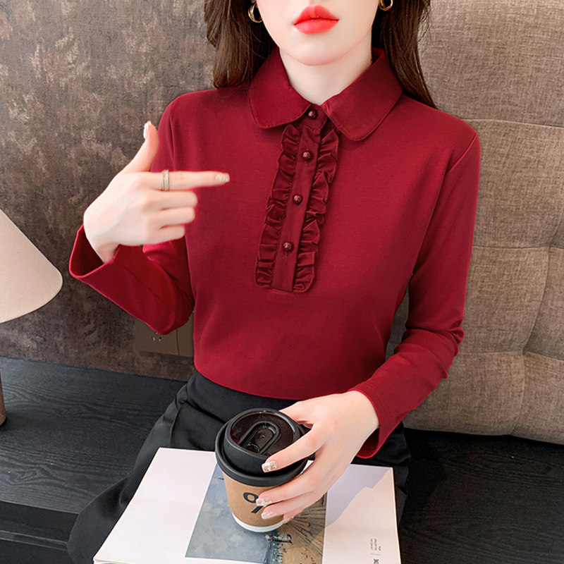 纯棉加绒木耳边保暖打底衫T恤女
