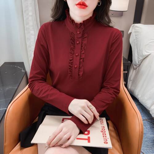 减龄纯棉长袖t恤女打底木耳上衣