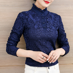 高领蕾丝上衣女网纱2025秋冬加绒打底衫洋气内搭衬衫保暖长袖小衫